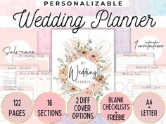 wedding planner with flowers on it and the text, personalizable wedding planner printables