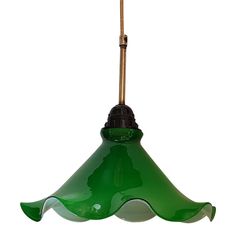 a green light hanging from a ceiling with a wooden stick sticking out of the top