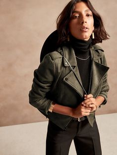 Vegan Suede Moto Jacket | Banana Republic Green Moto Jacket, Moto Jacket Outfit, Womens Moto Jacket, Suede Moto Jacket, Dark Olive Green, Olive Green Color, Banana Republic Women, Green Suede, Leather Moto