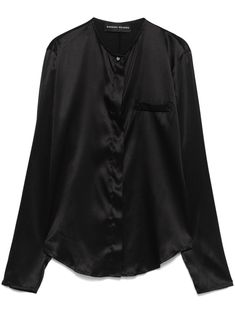 black silk blend satin finish concealed front button fastening round neck chest patch pocket long sleeves curved hem Yoko London, Satin Shirt, Exclusive Fashion, Black Silk, Size Clothing, Lady Dior, Coat Dress, Jacket Tops, Denim Dress