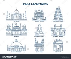 india landmarks line art icon set