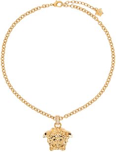 Cable chain necklace in gold-tone brass. · Crystal-cut Medusa pendant at drop · Logo charm at adjustable lobster-clasp fastening · L18 Supplier color: Gold Gold Versace Necklace, Medusa Necklace, Medusa Pendant, Versace Necklace, Drop Logo, Versace Gold, Cable Chain Necklace, Gold Crystal, Cable Chain