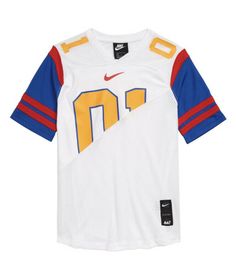 the nike jersey is shown in white, blue and yellow with an orange stripe on the chest