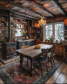 a rustic kitchen with an old fashioned stove and dining room table in the foreground