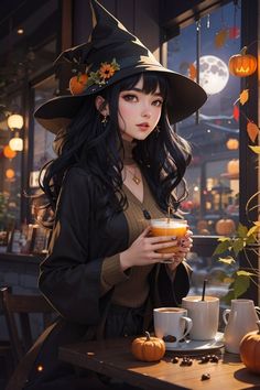 a woman wearing a witches hat and holding a drink