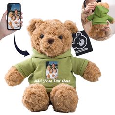 a teddy bear wearing a green hoodie and holding a cell phone with the message add your text here