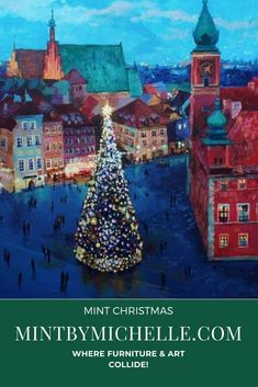 a painting of a christmas tree in the middle of town