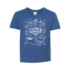 Get kids excited for a fun week at Under the Sea VBS by handing out this comfy t-shirt! Printed with "Jesus is Everyone's Friend" messaging and a myriad of ocean animals, this eye-catching shirt is a great supplement to VBS giveaways and is perfect for wearing during the program, at school or home. © OTC

o Fits sizes 6-8.
o Brand: Fruit of the Loom
o Short sleeve
o 100% pre-shrunk cotton, 5.0 oz. 
o High-density fabric
o Tear away label
o Double needle hemmed sleeves and bottom
o Seamless 1x1 rib collar
o Shoulder-to-shoulder taping
o CPSIA compliant - all Fruit of the Loom® youth products and packaging comply with the tracking label requirements of the Consumer Product Safety Improvement Act
o Need more? With our tees, we've got your back (and front)! To order in bulk for any size group, Ocean Vbs, Sea Stories, Vbs Ideas, Adventure Of The Seas, Ocean Animals, Jesus Is, Consumer Products, At School, Fruit Of The Loom