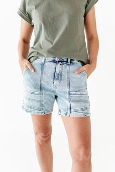 Features High rise Light acid wash Two side pockets; two back pockets Stylish seam detailing Zipper Fly 74% Cotton, 24% Polyester, 2% Spandex Size + Fit Kristin is 5'4", a size 1 and is wearing a Small Jaycie is 5'6, a size 18 and is wearing a 2X Small 2-4, Medium 6-8, Large 10-12, 1X 16-18, 2X 18-20, 3X 20-22 True to size. Do have stretch, but do not lose shape. Waist measurements are taken while laying flat and doubled. Curvy sizes have more room in the waist Size Waist Rise Inseam Small 26" 1 Acid Wash Denim Mid-rise Bottoms, Utility Jean Shorts With Hip Pockets, Casual Mid-rise Faded Bottoms, Medium Wash Cotton Jean Shorts With Cargo Pockets, Fitted Acid Wash Casual Bottoms, Casual Fitted Acid Wash Bottoms, Utility Shorts With Pockets In Medium Wash, High Rise Utility Jean Shorts With Pockets, Fitted Acid Wash Jeans With Pockets