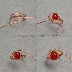 four different views of wire wrapped ring with red glass bead on top and bottom