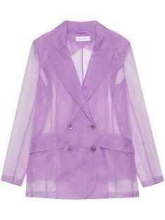 lilac purple organza sheer peak lapels long sleeves two front flap pockets straight hem double-breasted button fastening Chic Sheer Long Sleeve Outerwear, Sheer Long Sleeve Party Outerwear, Chic Sheer Outerwear For Fall, Summer Long Sleeve Outerwear With Hidden Buttons, Summer Long Sleeve Outerwear With Hidden Button Closure, Elegant Sheer Outerwear For Fall, Elegant Lavender Outerwear For Spring, Sheer Outerwear For Spring Party, Spring Sheer Party Outerwear