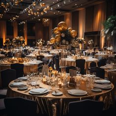 a banquet room set up with tables, chairs and centerpieces for an event