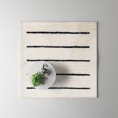 a white rug with black lines on it and a small plant in the middle next to it