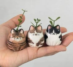 three small cats sitting on top of each other with plants growing out of their heads