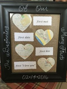 a framed photo with some hearts and the names of our first date on each one