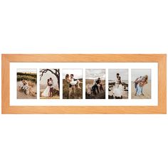 four pictures are hanging on the wall in front of a wooden frame with three people and two dogs