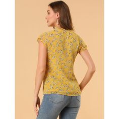 Lightweight and breezy, the shirt is perfect for sunshine styling. A floral print updates this top, perfect for adding a summer pattern to warm-weather looks. Made of a lightweight fabric, the printed style has a self-tie decor at the neckline and a ruffled trim. It has a loose fit that falls to the hip, so you can easily tuck it into skirts or jeans. Trendy Yellow Printed Blouse, Trendy Printed Yellow Blouse, Trendy Ditsy Floral Print Top For Day Out, Yellow Summer Printed Blouse, Yellow Printed Summer Blouse, Feminine Printed Summer Blouse, Chic Yellow Printed Top, Chic Printed Yellow Tops, Trendy Ditsy Floral Print Tops For Spring