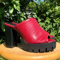 New Charles By Charles David Cherry Red Veda Snake Print Snakeskin Croc Embossed Chunky Platform Heeled Slip On Sandals Mules With Lug Soles And An Open Toe. Never Worn. No Box. Thick Block Heel. Multiple Size Available. Heel Height: 4.25” No Trades Vintage 90s Grunge Preppy Academia Streetwear Indie Academia Whimsical Red Mules For Spring Party, Chic Red Sandals With Reinforced Heel, Red High Heel Platform Mules, Leather Mules With Red Sole For Party, Party Leather Mules With Red Sole, Red Mules With Padded Heel And Round Toe, Red Spring Mules With Padded Heel, Red Chunky Platform Heels For Spring, Red Mules For Spring