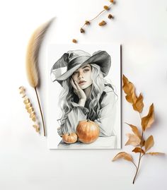 a drawing of a woman with a hat holding an apple and looking at the camera