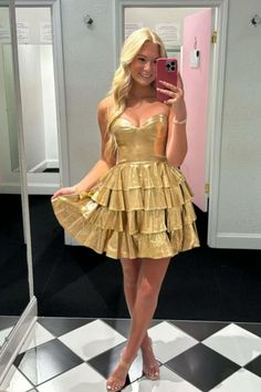 #HomecomingDressGoals #HocoDresses #HomecomingFashion #Prom2024Style #PinterestHocoInspo Gold Mini Dress With Sweetheart Neckline For Party Season, Strapless Sleeveless Dress For Homecoming Party Season, Sleeveless Strapless Dress For Homecoming Party Season, Flirty Gold Sleeveless Mini Dress, Gold Sleeveless Flirty Mini Dress, Flirty Gold Dress For Party Season, Strapless Ruffled Dress For Party Season, Sleeveless Corset Dress For Homecoming Party Season, Ruffled Strapless Dress For Party Season