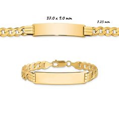 "These beautiful bracelets are available in Solid 14K Yellow Gold! Bracelets made with Curb Links are perfect for charms, and these are the best quality at the lowest prices! We have multiple lengths and thicknesses to meet any preference! These chains are authentic 14K Yellow Gold, with no filler! We would be happy to assist in finding you additional lengths or widths, send us a message today! Total Approximate Weights, Plate Dimensions, and Max Engravable Characters (per side): 2.5 mm Chain Wi Italian Horn, Beautiful Bracelets, Three Stone Diamond, Silver Crown, Gold Bracelets, Id Bracelets, Yellow Gold Bracelet, Selling Jewelry, Chain Link Bracelet