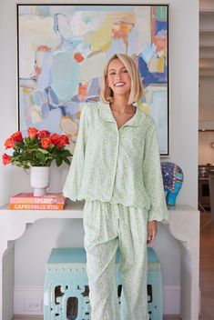 Scalloped Pajama Set Long - Elephant Falls Sage Green Pajamas, Pajama Astethic, Cute Pjs Long Sleeve, Hospital Pajamas For Mom, Women’s Pajama Sets, Long Pajamas, College Clothes, Mom Clothes, Pajama Set Long