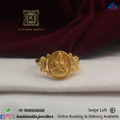 #KJ_G622 Net Weight: up to 5 grams Item : Ladies Rings Fb, Insta, Pinterest: @konkimalla.jewellers Lakshmi Devi Finger Rings Gold Women, Laxmi Ring Designs, Lakshmi Rings Gold, Laxmi Devi Finger Rings Gold, Ladies Rings Gold Design, Gents Gold Ring, Ladies Finger Ring