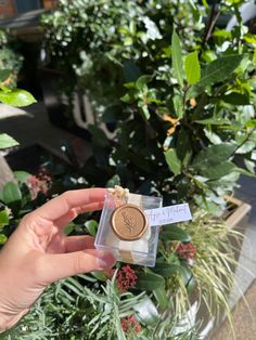 a person holding up a small coin in front of some potted plants and greenery