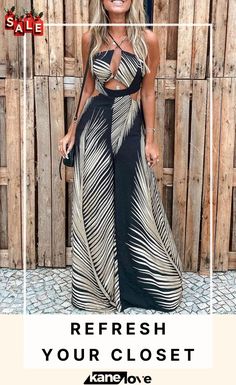 Tropical Palm Leaf Print Cutout Wide Leg Jumpsuit Palm Leaves Print, Jumpsuits And Romper, Tropical Palm, Jumpsuit Fashion, Palm Leaf, Leaf Print, Wide Leg Jumpsuit, Palm Leaves, Leaf Prints