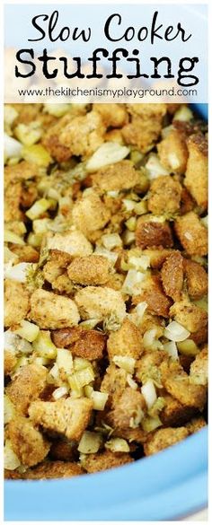 slow cooker stuffing in a blue bowl with the words slow cooker stuffing above it