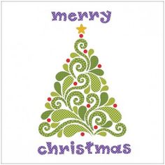 a cross stitch christmas tree with the words merry written in purple, green and red