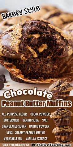 Chocolate Peanut Butter Muffins Pin with text overlay Filled Muffins Recipes, Muffins For Breakfast, Muffins With Self Rising Flour, Fancy Muffin Recipes, Peanut Butter Chocolate Muffins, Pb Muffins, Gourmet Muffins Recipes, Quick Muffin Recipes