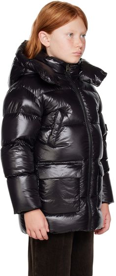 Long sleeve down-filled quilted nylon satin coat in black. · Mackage Deep Cold: rated up to -20°C · Leather logo patch at detachable hood · Stand collar · Zip closure · Welt and flap pockets at front · Leather logo patch at sleeve · Inset rib knit cuffs · Patch pockets at interior · Full nylon satin lining · Machine wash Model measures 53.75 / 136.5 cm tall and wears size 8Y. Supplier color: Black Size: child's height 2Y: 35.75 / 91 cm 4Y: 41.25 / 105 cm 6Y: 46.75 / 118.5 cm 8Y: 52.25 / 132.5 cm Satin Coat, Kids Black, Black Model, Detachable Hood, Leather Logo, Down Coat, Funnel Neck, Knit Cuff, Flap Pocket