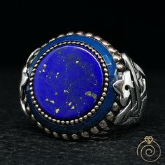 Men's Lapis Lazuli gemstone signet ring which will give you a head turning presence. This mystic, vintage style, engraved ring has a unique design for the polished, refined, and distinguished man. Perfect for casual and formal events, it will make your friends envious as you walk into the room full of confidence and pride. Looking for a unique, one of a kind GIFT FOR HIM, groomsman gift, father's day gift, teacher day gift? Look no further. This cool gemstone ring is the right answer and best gi Blue Round Stone Jewelry With Polished Finish, Blue Polished Round Stone Jewelry, Blue Adjustable Jewelry With Stone Setting, Symbolic Blue Ring For Anniversary, Blue Jewelry With Polished Round Stone, Blue Lapis Lazuli Rings With Gemstone, Blue Lapis Lazuli Gemstone Rings, Handmade Blue Gemstones, Symbolic Adjustable Blue Rings