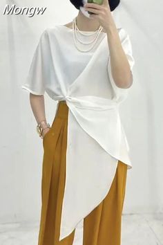 White Tops For Layering, White Layering Tops, Casual Tops With Solid Color And Asymmetrical Hem, Casual Summer Tops With Irregular Shape, Casual Irregular Summer Tops, Casual White Wrap Top, White Asymmetrical Top For Day Out, White Wrap Tops For Summer, White Wrap Top For Summer