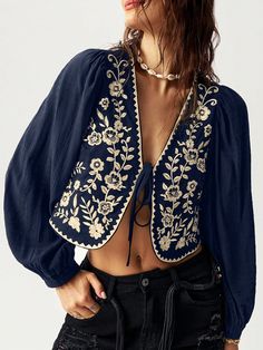 Vacation Loose Embroidery Contrast Long Sleeve Blouse For Women Multicolor Boho  Long Sleeve Woven Fabric Floral,Plants,All Over Print Top Non-Stretch  Women Clothing, size features are:Bust: ,Length: ,Sleeve Length: Indian Boho Fashion, Experimental Dresses, Luxury Embroidery, Mexican Fashion, Mexican Outfit, Womens Camisoles, Simple Silhouette, Moda Boho, Blouse For Women