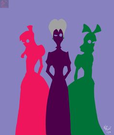 three silhouettes of women in dresses and masks