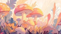 an image of colorful mushrooms in the forest with grass and flowers on it's sides