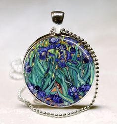 Van Gogh Irises Necklace Spring Flowers by MissingPiecesStudio Artsy Nickel-free Necklace With Round Pendant, Artistic Glass Jewelry Nickel-free, Artistic Round Glass Jewelry, Artistic Necklace With Large Round Pendant, Artistic Glass Round Pendant Necklaces, Artistic Glass Round Pendant Necklace, Artistic Glass Necklace With Round Pendant, Artistic Round Glass Necklaces, Spring Flowers Garden