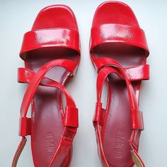 Super Comfy Rubber Sole/Heel Brand New Condition, Worn Only A Couple Of Times In Original Box Smoke-Free Home Red Slingback Sandals With Round Toe For Summer, Casual Red Closed Toe Slingback Sandals, Red Closed Toe Slingback Sandals For Summer, Red Leather Slingback Sandals With Heel Strap, Red Flat Heel Slingback Sandals, Red Flat Heel Slingback Sandals For Summer, Spring Leather Slingback Sandals With Red Sole, Flat Patent Leather Sandals With Removable Insole, Red Sandals With Cushioned Footbed And Flat Heel