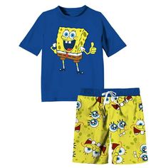 Little and big boys and kids will love this two piece Spongebob swimsuit set!! Includes a swim short and a short sleeve rash guard top. Swim bottoms have an elastic waist with adjustable drawsting. Trunks also have an inside mesh lining and the material is 95% polyester and 5% spandex. The top has short sleeves and 100% polyester. Set has UV 50 protection to help prevent sunburn. This is an officially licensed Nick set. Kids will love to go under the sea swimming in pool, lake, ocean, or backyar Playful Cotton Swim Trunks For Pool, Playful Blue Swim Trunks For Summer Activities, Blue Swimwear For Summer Beach Season, Fun Blue Swim Trunks For Beach Season, Playful Blue Swim Trunks For Poolside, Blue Beachwear Swimwear For Summer Activities, Playful Sets For Pool And Beach Season, Playful Pool Sets For Beach Season, Blue Swim Trunks For Summer Activities