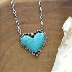 Heart Pendant Is Under One Inch Each Way - Total Length Of Chain Including Heart Is About 18.5 “ Plus A 2” Extender To Make It Longer Than That. Heart Stone Necklace, Turquoise Heart Necklace, Black Choker Necklace, Sterling Silver Cross Pendant, Turquoise Heart, Layered Necklace Set, Gold Bar Necklace, Art Deco Necklace, Stone Pendant Necklace