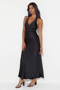 Length from shoulder to hem of size S: 144cm. Chest 39cm, Waist 34cm, size S. Maxi dress. Semi-lined. Model is a standard XS and is wearing XS. True to size. Non-stretch. V-neck. Halterneck tie. Crisscross. Zipper. Cold hand wash only. Polyester. Set trends in the Endless City Halter Satin Maxi Dress. Featuring a gorgeous V-neck, halterneck tie and crisscross design. Style with heels and curls for a dreamy 'fit. Halter Tie Dress, Prom Shopping, Maxi Dress Black, Shower Dresses, Jumpsuits And Romper, Satin Maxi, Satin Maxi Dress, Long Sleeve Lace Dress, Dresses Backless