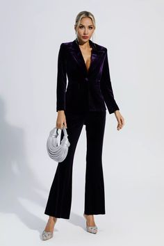 Aleena Purple Velvet Blazer Set Estate Aesthetic, Purple Velvet Blazer, Glitter Wedding Dress, Gold Maxi Dress, Casual Outfit Inspiration, Velvet Trousers, Bandage Midi Dress, Slim Fit Blazers, Blazer Set