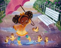 a cartoon girl with an umbrella walking in the rain while ducklings are around her