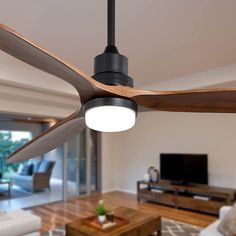 a ceiling fan in a living room with a television on the far wall and couches