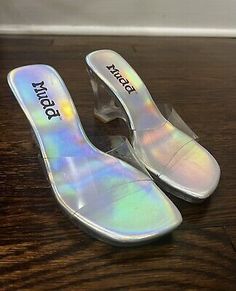 Size 6 W Vintage 00s Mudd Holographic Chunky Heel Clear Sandals  | eBay Clear Sandals, Chunky Heel Sandals, Vintage Heels, Heel Design, Chunky Heels Sandals, Comfortable Sandals, Cute Summer Outfits, Designer Heels, Lookbook Outfits