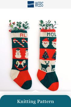 two knitted christmas stockings with santa claus and reindeers on them, one is green and the other is red