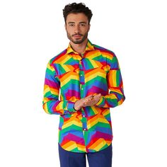 Add a fun dash of color to your look with this men's OppoSuits shirt. Add a fun dash of color to your look with this men's OppoSuits shirt. Breathable fabric Spread collar Button front Long sleevesFIT & SIZING Modern fit Kohl's Men's OppoSuits Shirt Size ChartFABRIC & CARE Cotton, spandex Machine wash Imported Size: XXL. Color: Multicolor. Gender: male. Age Group: adult. Pattern: Pattern. Material: Cotton Blend. Brand Names And Logos, Rainbow Shirt, Rainbow Print, Rainbow Pattern, Button Down Dress, Perfect Shirt, Modern Fit, Zig Zag, Mens Suits