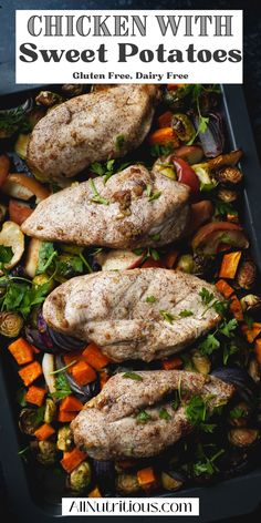 chicken with sweet potatoes in a baking pan